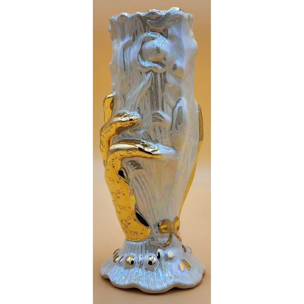 Vintage RARE 22K Gold Lace Glove Holding LUSTERWARE Opalescent Sculptured Vase